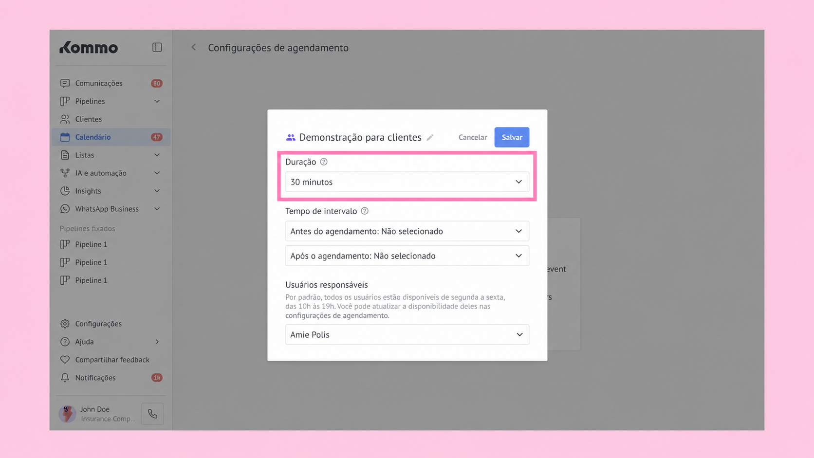 Settings for scheduling appointments, highlighting duration of 30 minutes and user options.